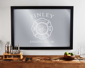 Engraved Custom Bar Mirror (Firefighter) by Lifetime Creations: Various Sizes, Maltese Cross Personalized Fireman Fire Department Mirror