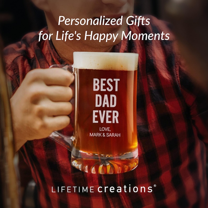 Jarra de cerveza personalizada grabada "El mejor papá del mundo" de Lifetime Creations: Regalo personalizado de cumpleaños o Navidad para papá de parte de sus hijos, 414 ml o 740 ml. imagen 6
