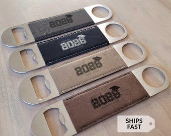 Personalized Class of 2026 Graduation Bottle Opener | Custom Engraved Vegan Leather Bar Key | College Grad Gift | 4 Colors