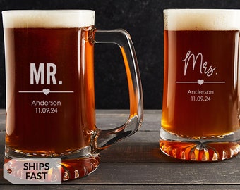 Pair of 2 Engraved Personalized Mr. & Mrs. Beer Mugs by Lifetime Creations: Large 25 oz Bride Groom Steins, Unique Wedding Gift, SHIPS FAST