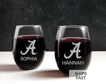 Personalized Alabama Crimson Tide Stemless Wine Glass by Lifetime Creations: Officially Licensed University of Alabama Gifts MADE IN USA