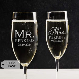 Personalized Mr & Mrs Champagne Glasses by Lifetime Creations: Custom Engraved Wedding Champagne Flutes, Wedding Shower Gift, MADE IN USA