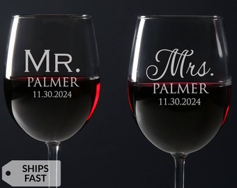 Pair (2) Engraved Personalized Mr. & Mrs. Wine Glasses by Lifetime Creations: 19 oz, Stem, Wedding Gift, Bride Groom, Keepsake SHIPS FAST