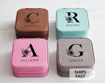 Lifetime Creations Personalized Travel Jewelry Box with Flower Initial - Leather Travel Jewelry Case for Bracelets, Birthday Gifts for Women