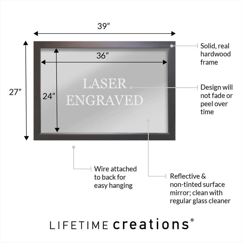 39 inches wide by 27 inches tall bar mirror. Solid, real hardwood frame. Design will not fade of peel over time. Wire attached to back for easy hanging. Reflective and non-tinted surface mirror; clean with regular glass cleaner.