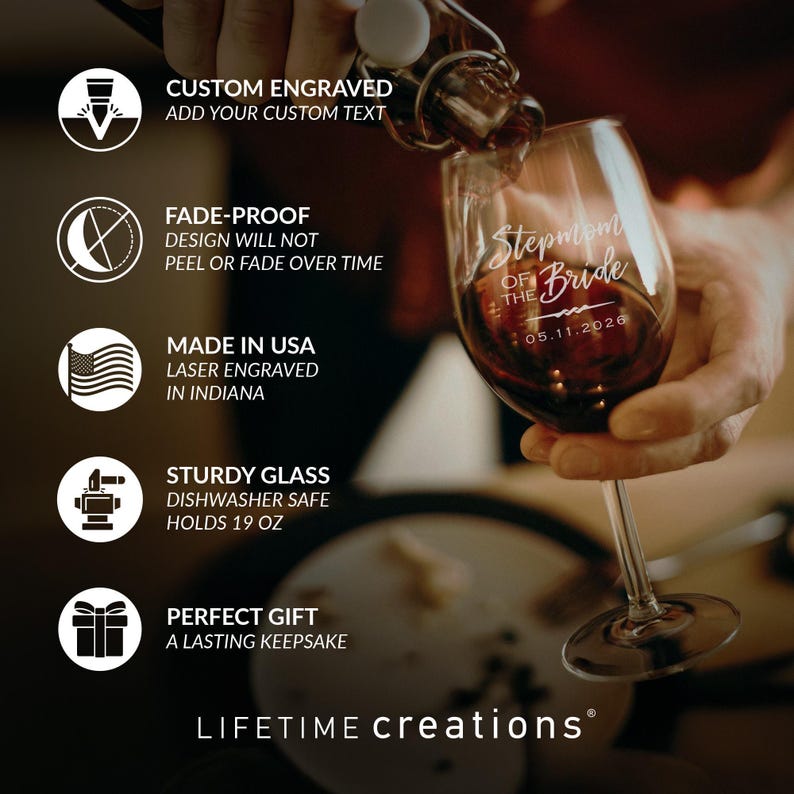 Personalized Stepmother of the Bride or Stepmother of the Groom Wine Glass by Lifetime Creations: Bonus Mom Stepmom Wedding Gift MADE IN USA image 2