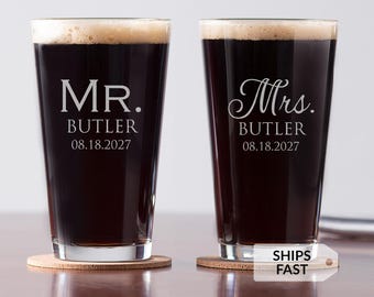 Personalized Mr & Mrs Pint Glasses by Lifetime Creations: Mr Mrs Beer Glasses, Custom Engraved Wedding Gift, Shower Gift, MADE IN USA