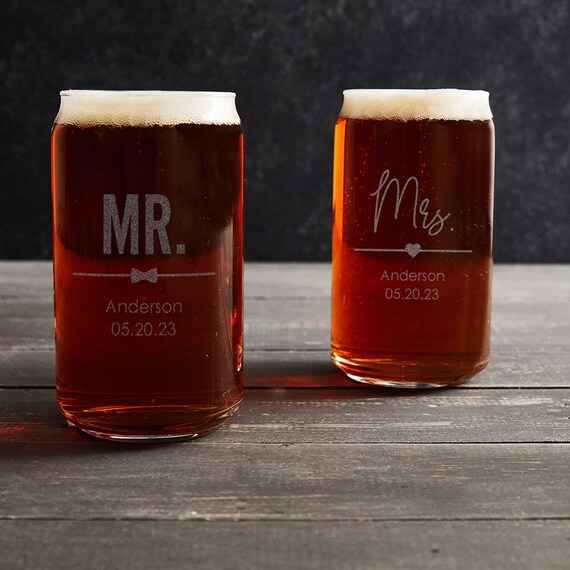 Pair 2 Engraved Personalized Mr. & Mrs. Beer Can Glasses by