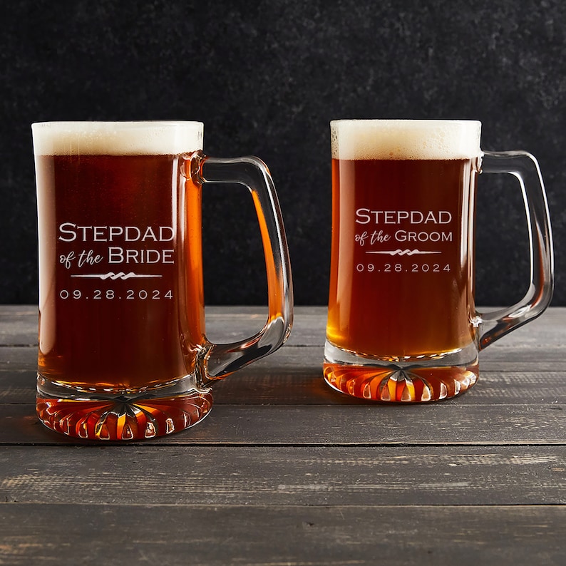 Give your stepdad something special to celebrate your wedding day like our laser engraved, personalized Father of the Bride or Father of the Groom beer mug by Lifetime Creations.