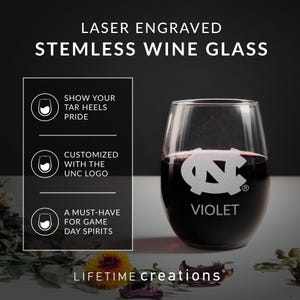 Personalized North Carolina Tar Heels Stemless Wine Glass Tumbler by Lifetime Creations: Officially Licensed UNC Gifts, Tarheels Graduation image 2