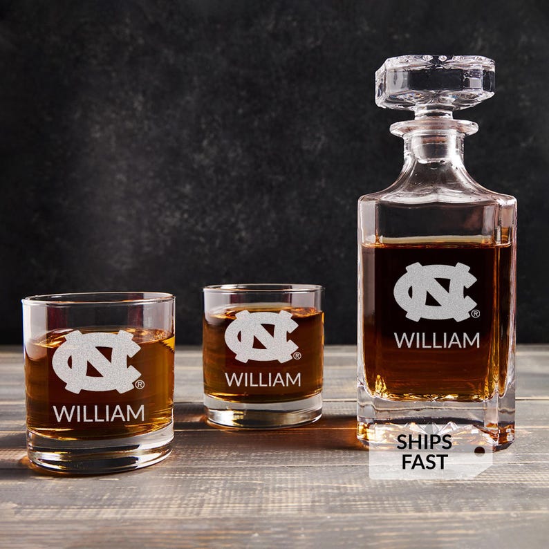 Personalized UNC Whiskey Decanter (Single) or Decanter Set w/ 2 Glasses | Engraved Licensed University of North Carolina Tar Heels Gifts image 1