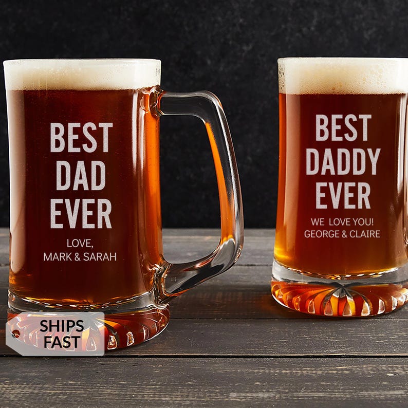 Jarra de cerveza personalizada grabada "El mejor papá del mundo" de Lifetime Creations: Regalo personalizado de cumpleaños o Navidad para papá de parte de sus hijos, 414 ml o 740 ml. imagen 1