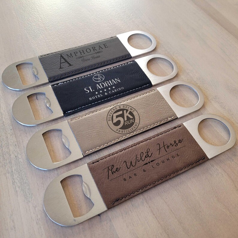 Bulk Custom Bottle Openers with Logo by Lifetime Creations: Vegan Leather, Wedding Favors, Company Giveaway, Promo Item, Swag, Artwork
