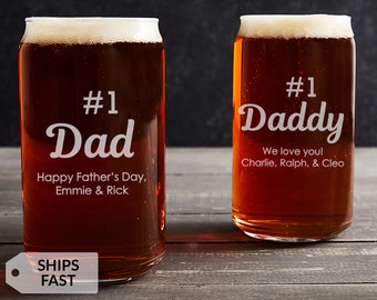 Engraved Personalized #1 Dad Beer Can Glass by Lifetime Creations: Father's Day Gift, Beer Can Shaped Glass Cup for Dad, Birthday, Christmas