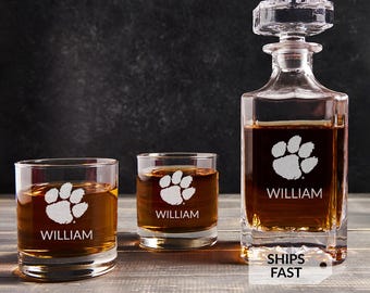 Personalized Clemson Whiskey Decanter (Single) or Decanter Set w/ 2 Glasses | Engraved Licensed Clemson University Tigers Gifts
