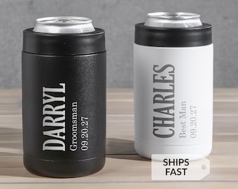 Groomsman Can Cooler Stainless Steel Bottle Holder with Bold Name - Groomsmen Proposal