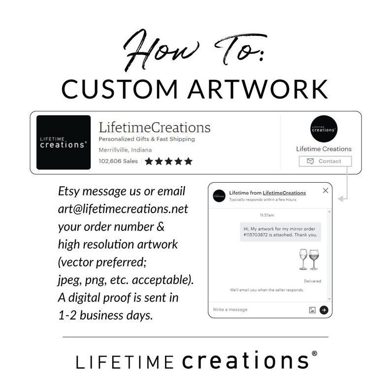 How to add custom artwork for your bar mirror- Etsy message us or email us at art@lifetimecreations.net with your order number and your high resolution artwork or logo (vector preferred). A digital proof is sent in 1 to 2 business days.