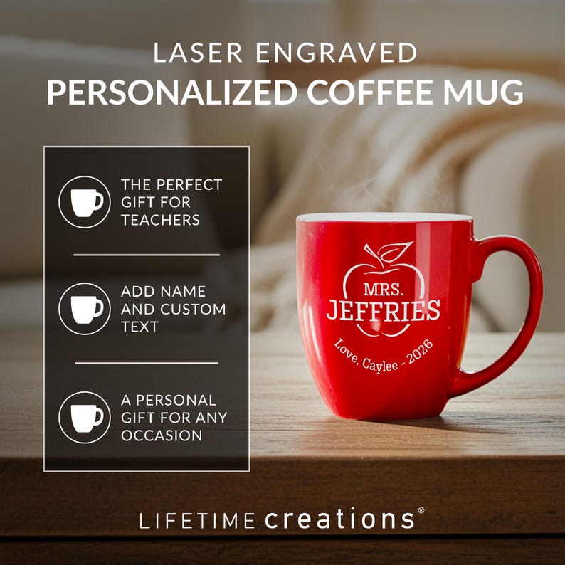 Engraved Personalized Teacher Coffee Mug by Lifetime Creations: 16 oz, Personalized Thank You Teacher Chrismas Gifts, Teacher Gifts image 3