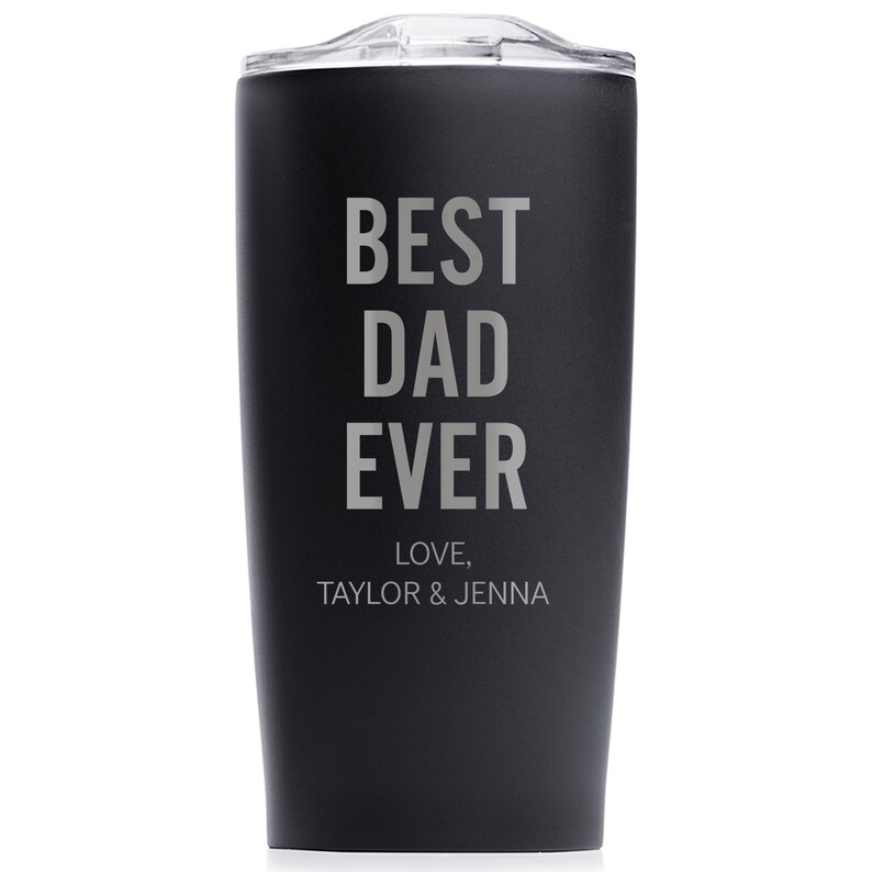 For a fun gift this Father's Day, get him his very own personalized stainless steel coffee tumbler by Lifetime Creations. Our personalized tumblers are laser engraved with your choice of a term of endearment, along with his children's names.