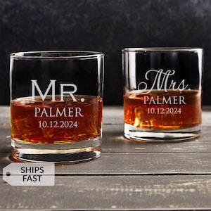 Pair of 2 Engraved Personalized Mr. & Mrs. Whiskey Glasses by Lifetime Creations: Rocks Cocktail Glass Wedding Gift, Bride Groom, SHIPS FAST