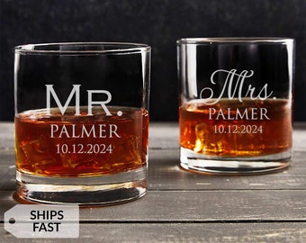 Pair of 2 Engraved Personalized Mr. & Mrs. Whiskey Glasses by Lifetime Creations: Rocks Cocktail Glass Wedding Gift, Bride Groom, SHIPS FAST