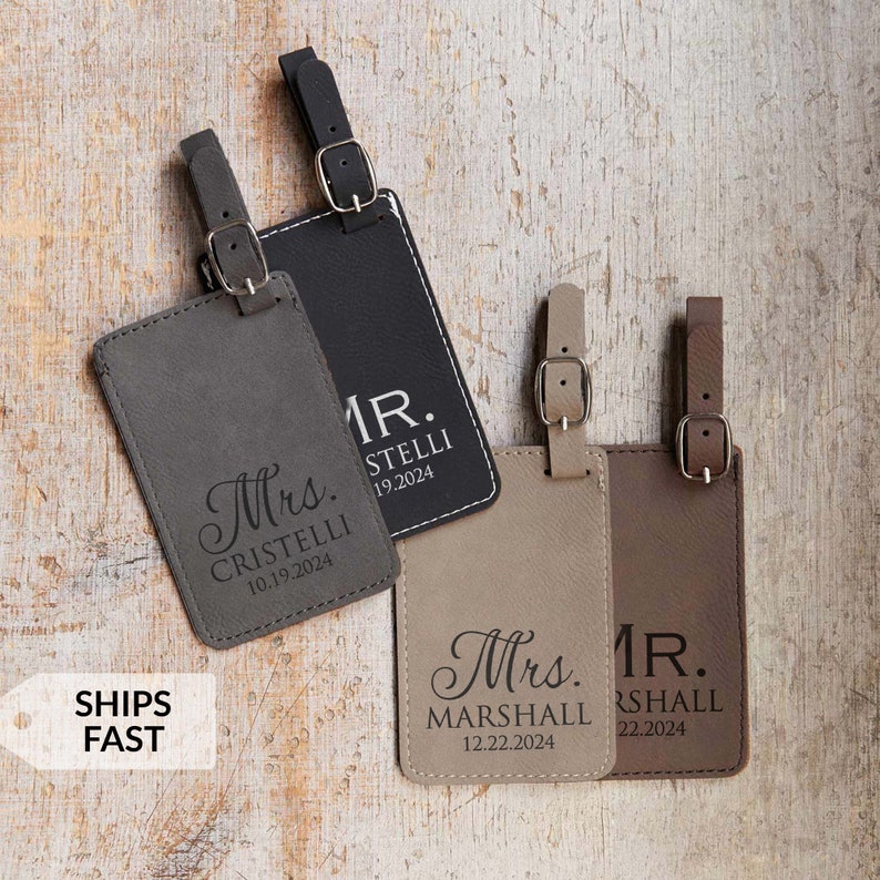 Personalized Mr and Mrs Luggage Tags Pair of 2 by Lifetime Creations: Vegan Leather, Wedding Shower Gift, Mr Mrs Tags Honeymoon, SHIPS FAST image 1