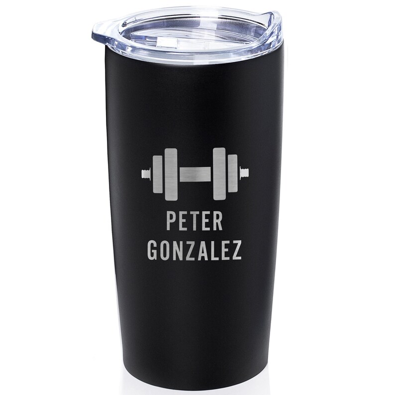 Vaso personalizado grabado para levantamiento de pesas de Lifetime Creations: Regalo para entrenador personal, compañero de entrenamiento, entrenador físico. Taza de viaje. Matte Black