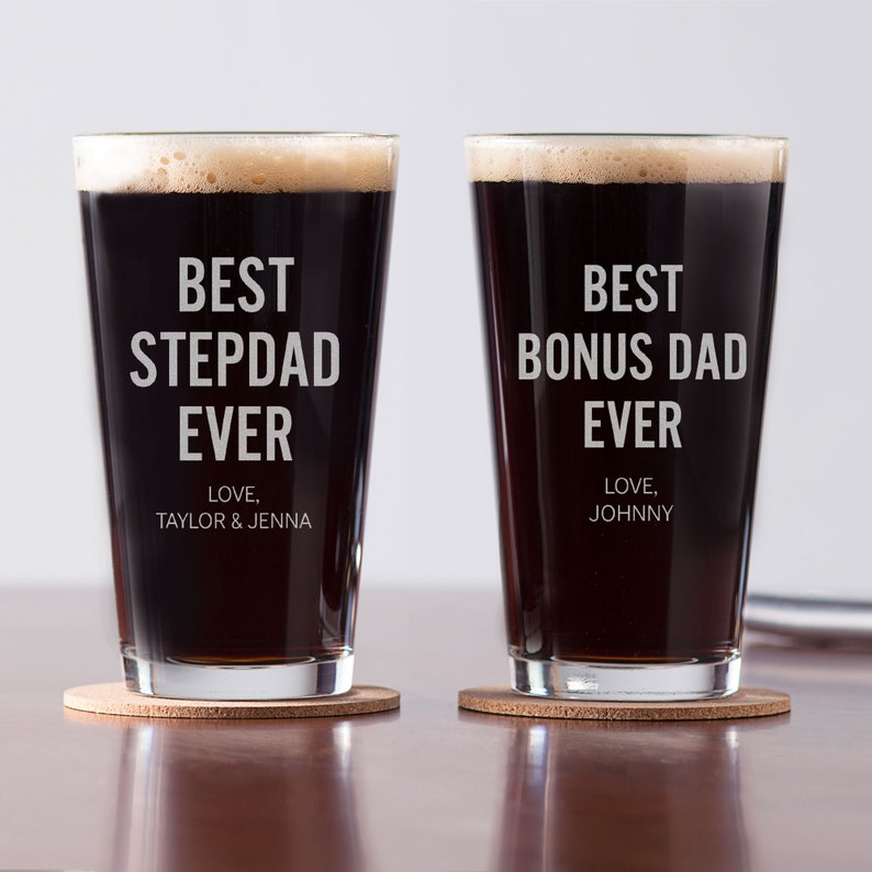 A personalized pint glass by Lifetime Creations is laser engraved with Best Stepdad Ever or Best Bonus Dad Ever and personalized with his stepchildren's names. Makes a great custom Father's Day gift that he will be sure to use over the years.