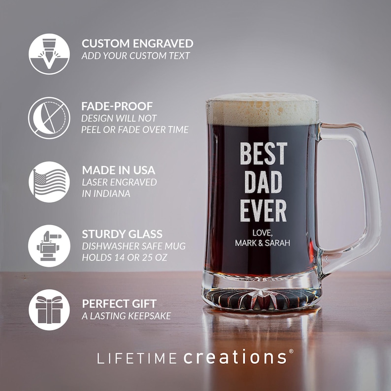 Jarra de cerveza personalizada grabada "El mejor papá del mundo" de Lifetime Creations: Regalo personalizado de cumpleaños o Navidad para papá de parte de sus hijos, 414 ml o 740 ml. imagen 3