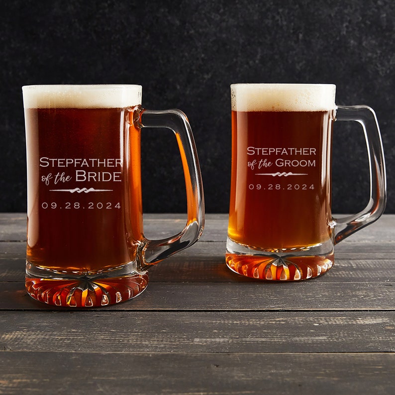 Give your stepfather something special to celebrate your wedding day like our laser engraved, personalized Father of the Bride or Father of the Groom beer mug by Lifetime Creations.