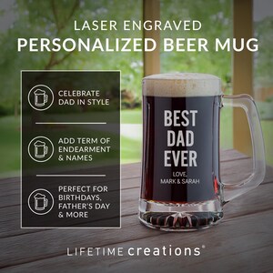 Jarra de cerveza personalizada grabada "El mejor papá del mundo" de Lifetime Creations: Regalo personalizado de cumpleaños o Navidad para papá de parte de sus hijos, 414 ml o 740 ml. imagen 2