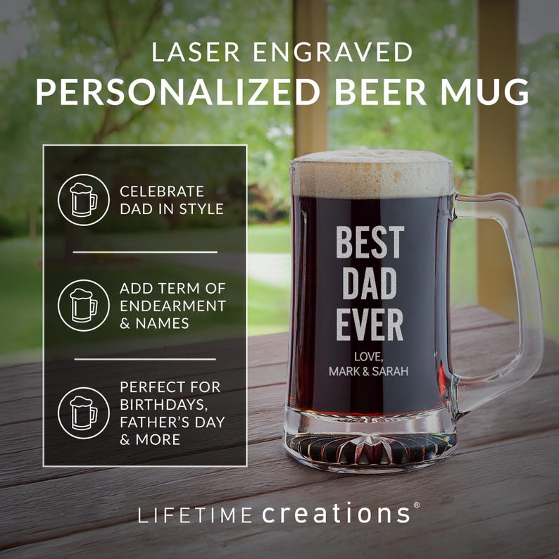 Jarra de cerveza personalizada grabada "El mejor papá del mundo" de Lifetime Creations: Regalo personalizado de cumpleaños o Navidad para papá de parte de sus hijos, 414 ml o 740 ml. imagen 2