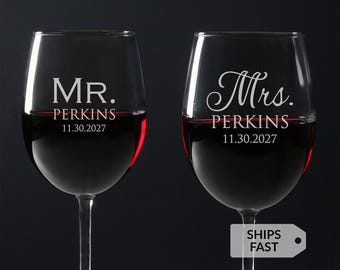 Personalized Mr & Mrs Wine Glasses by Lifetime Creations: Engraved Custom Wedding Wine Glasses, Wedding Shower Gift, MADE IN USA