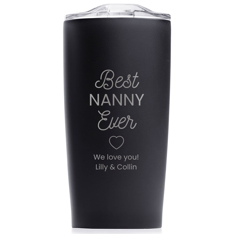 Our insulated travel mugs are laser engraved with your special message. With a stainless steel construction and laser engraving, she'll never have to worry about her drink getting warm or her name rubbing off. Shown in black.