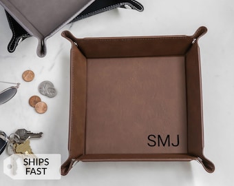 Monogrammed Valet Tray by Lifetime Creations: Personalized Vegan Leather Catch All, Nightstand Organizer, Father's Day Gift, ENGRAVED USA