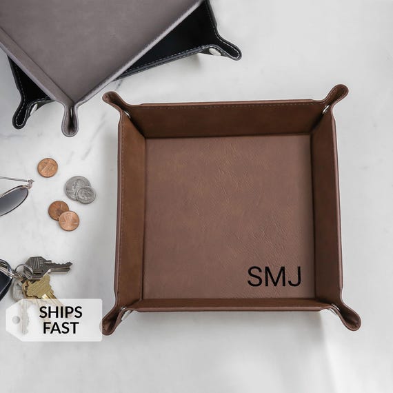Monogrammed Valet Tray by Lifetime Creations: Personalized Vegan Leather Catch All, Nightstand Organizer, Father's Day Gift, ENGRAVED USA