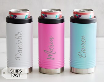 Engraved Personalized Slim Can Cooler by Lifetime Creations: Seltzer Drink Can Holder, Girls Trip Gifts Favors, Getaway Vacation Can Cooler