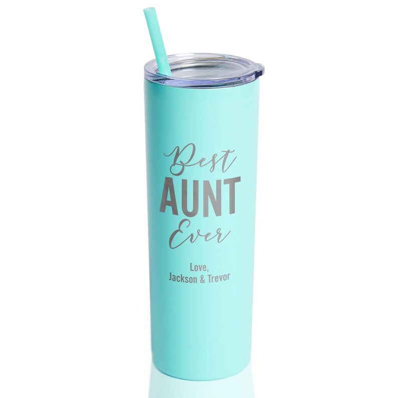 Vaso personalizado grabado "La mejor tía del mundo" con pajita de Lifetime Creations: Regalo personalizado para anunciar el embarazo de una tía primeriza, regalos para tías Mint
