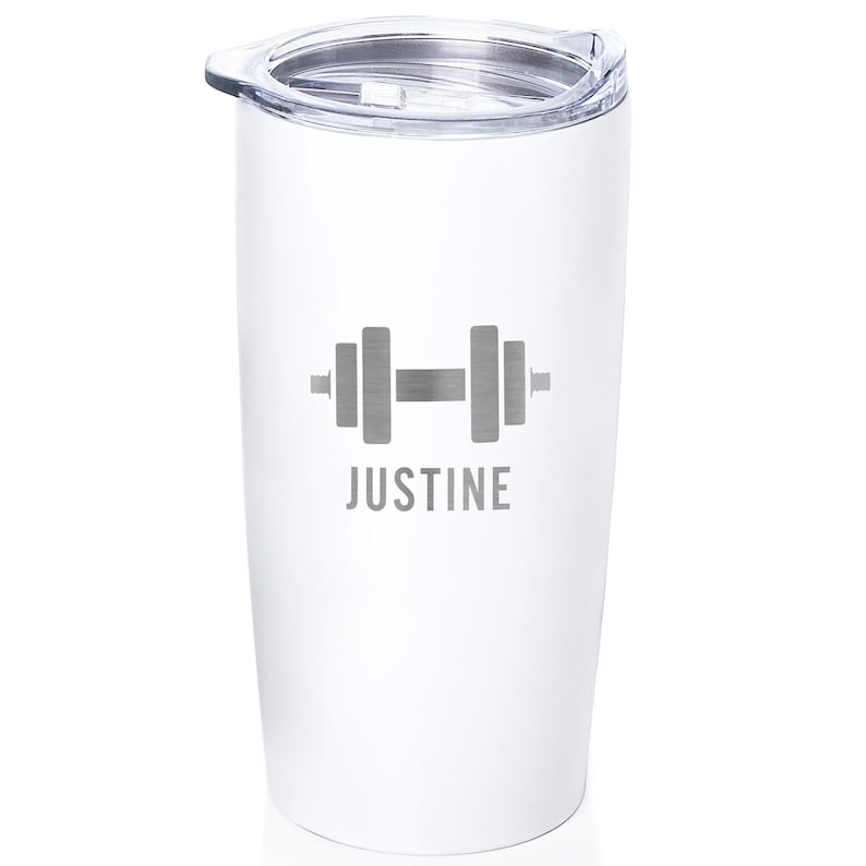 Vaso personalizado grabado para levantamiento de pesas de Lifetime Creations: Regalo para entrenador personal, compañero de entrenamiento, entrenador físico. Taza de viaje. White