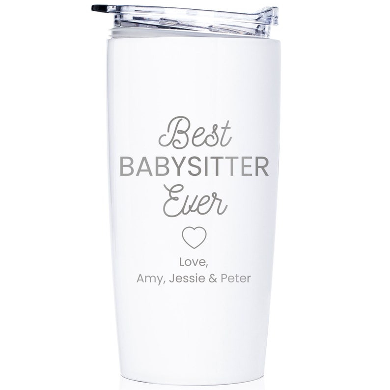 Our insulated travel mugs are laser engraved with your special message. With a stainless steel construction and laser engraving, she'll never have to worry about her drink getting warm or her name rubbing off. Shown in white.