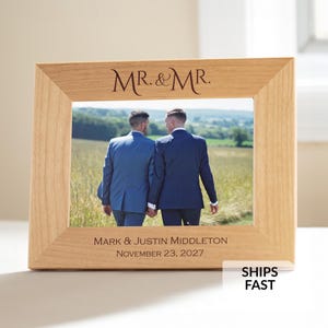 Mr and Mr Picture Frame - Two Grooms Names and Wedding Date Engraved Hardwood