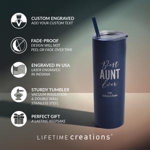 May include: A dark blue stainless steel vacuum insulated tumbler with a matching straw and clear lid. The tumbler features laser engraved text that reads Best AUNT Ever, followed by Love, Jackson & Trevor. Five circular icons describe product features.