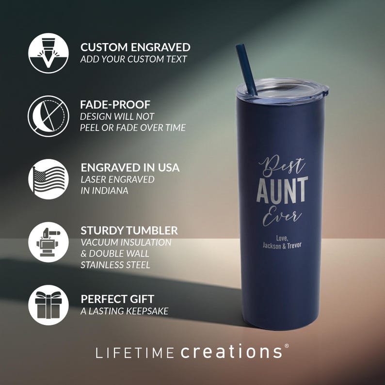 May include: A dark blue stainless steel vacuum insulated tumbler with a matching straw and clear lid. The tumbler features laser engraved text that reads Best AUNT Ever, followed by Love, Jackson & Trevor. Five circular icons describe product features.