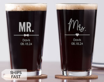 Pair of 2 Engraved Personalized Mr. & Mrs. Pint Glasses by Lifetime Creations: Mr and Mrs Beer Glasses, Custom Wedding Gift, SHIPS FAST