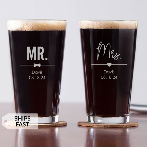 Pair of 2 Engraved Personalized Mr. & Mrs. Pint Glasses by Lifetime Creations: Mr and Mrs Beer Glasses, Custom Wedding Gift, SHIPS FAST
