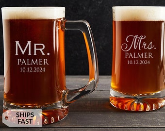 Pair of 2 Engraved Personalized Mr. & Mrs. Beer Mugs by Lifetime Creations: Large Steins Bride and Groom, Unique Wedding Gift, SHIPS FAST