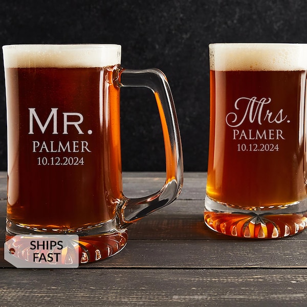 Pair of 2 Engraved Personalized Mr. & Mrs. Beer Mugs by Lifetime Creations: Large Steins Bride and Groom, Unique Wedding Gift, SHIPS FAST
