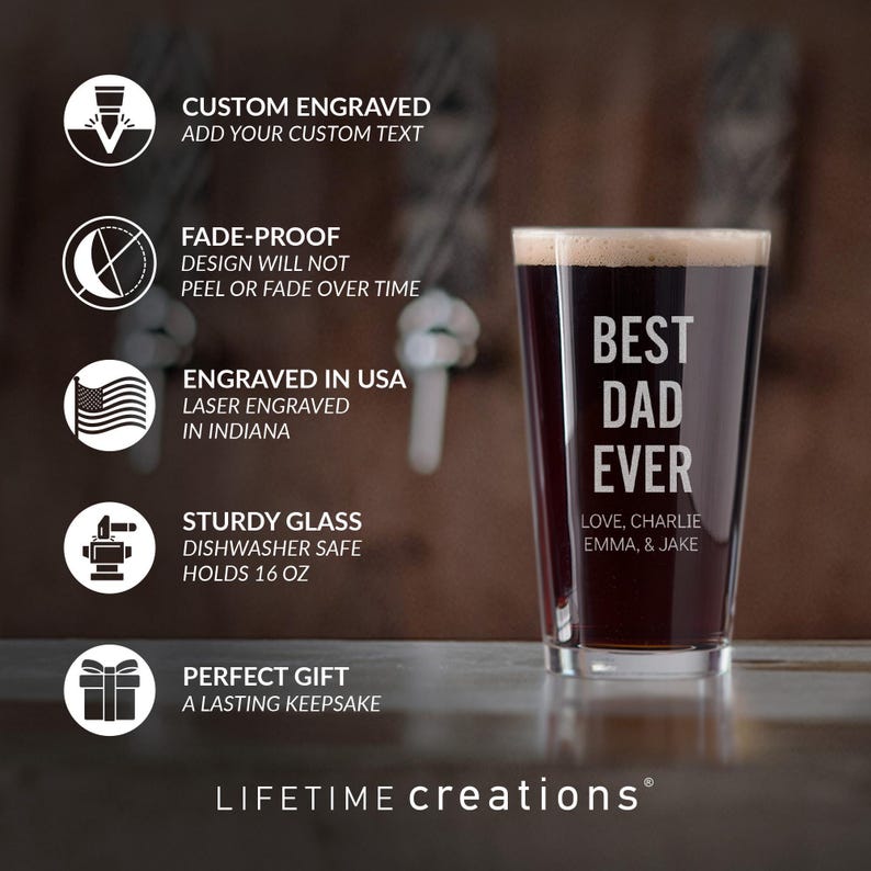 Personalized Best Dad Ever Pint Glass by Lifetime Creations: Father's Day Gifts, Beer Glass Gifts for Dad Birthday, MADE IN USA image 2