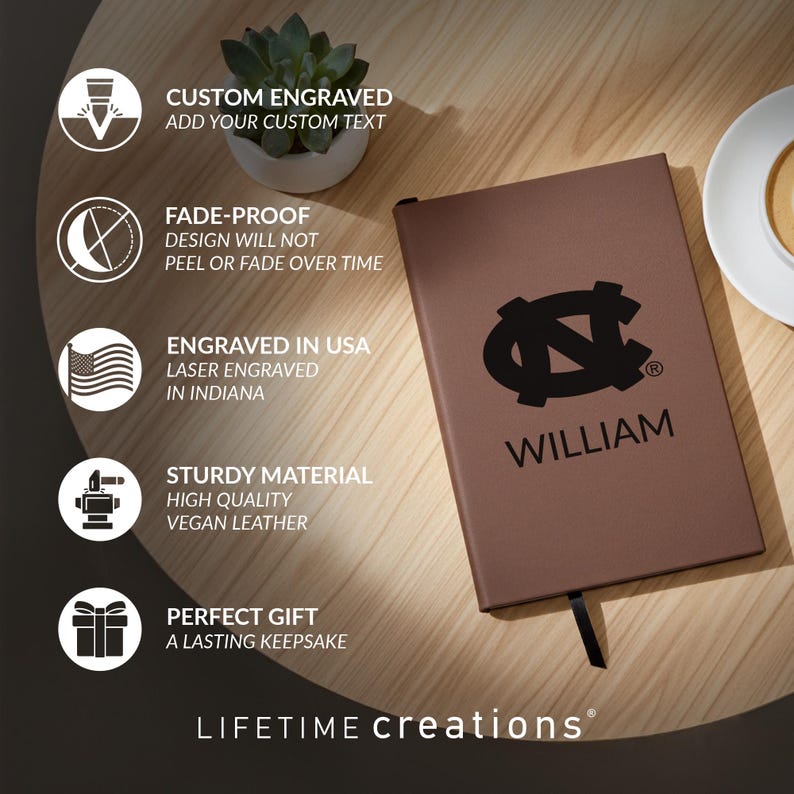 Personalized UNC Tar Heels Journal by Lifetime Creations: Engraved Vegan Leather Notebook, Licensed University of North Carolina Gift immagine 3