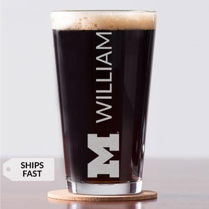 Personalized Michigan Wolverines Pint Glass by Lifetime Creations: Officially Licensed, Michigan Wolverines Fan Gift, MADE IN USA
